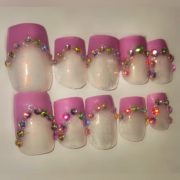 Pink French with Rinestones Press on Nails & Top Coat - Picture 4 of 4